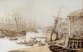 テムズ川の眺めと埠頭の多数の船と人物の風刺画 トーマス・ローランドソン